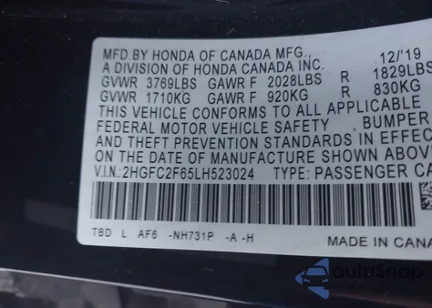 2020 Honda Civic Lx from USA, damaged, VIN 2HGFC2F65LH523024